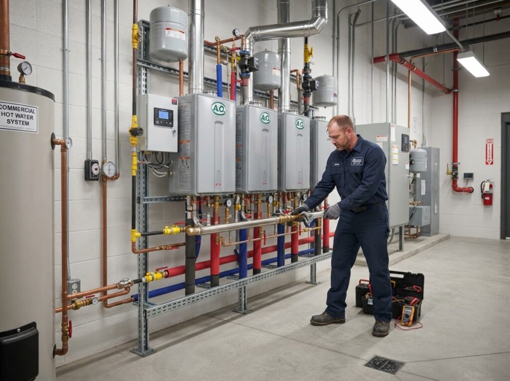 Commercial tankless water heating